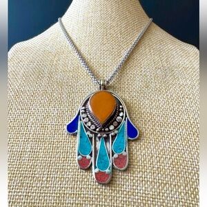 Exquisite Handcrafted Amber Resin Hamsa Pendant Inlay Stones Set In Silver 35gr